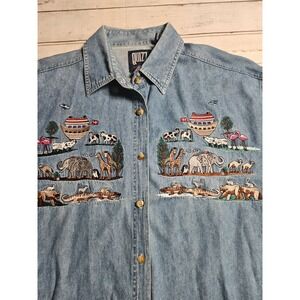 Vintage Quizz Noah's Ark Animal Embroidered Denim Button Down Sz 18 Cottagecore
